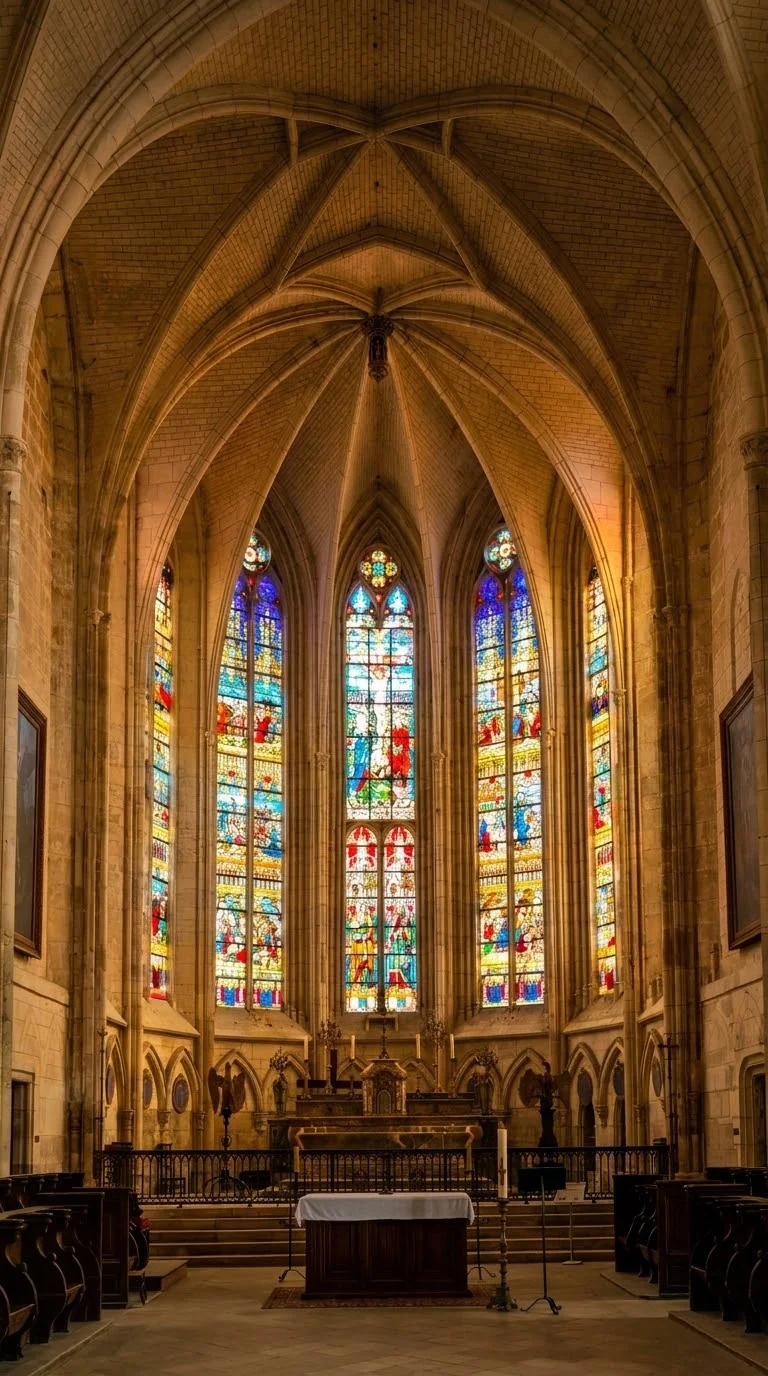המקהלה של כנסיית סן פייר על הגבעה, עם חלונות הוויטראז' הגבוהים. צילום: צבי חזנוב